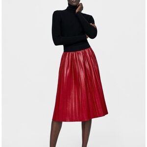 Zara Patent Faux Leather Pleated Midi Skirt